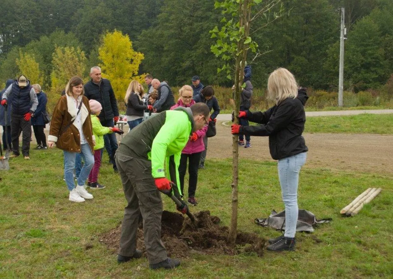 Pracownicy kompleksu w Garwolinie sadzą drzewa wokół zbiornika retencyjnego w Leszczynach z okazji obchodów 25-lecia obecności firmy w Garwolinie