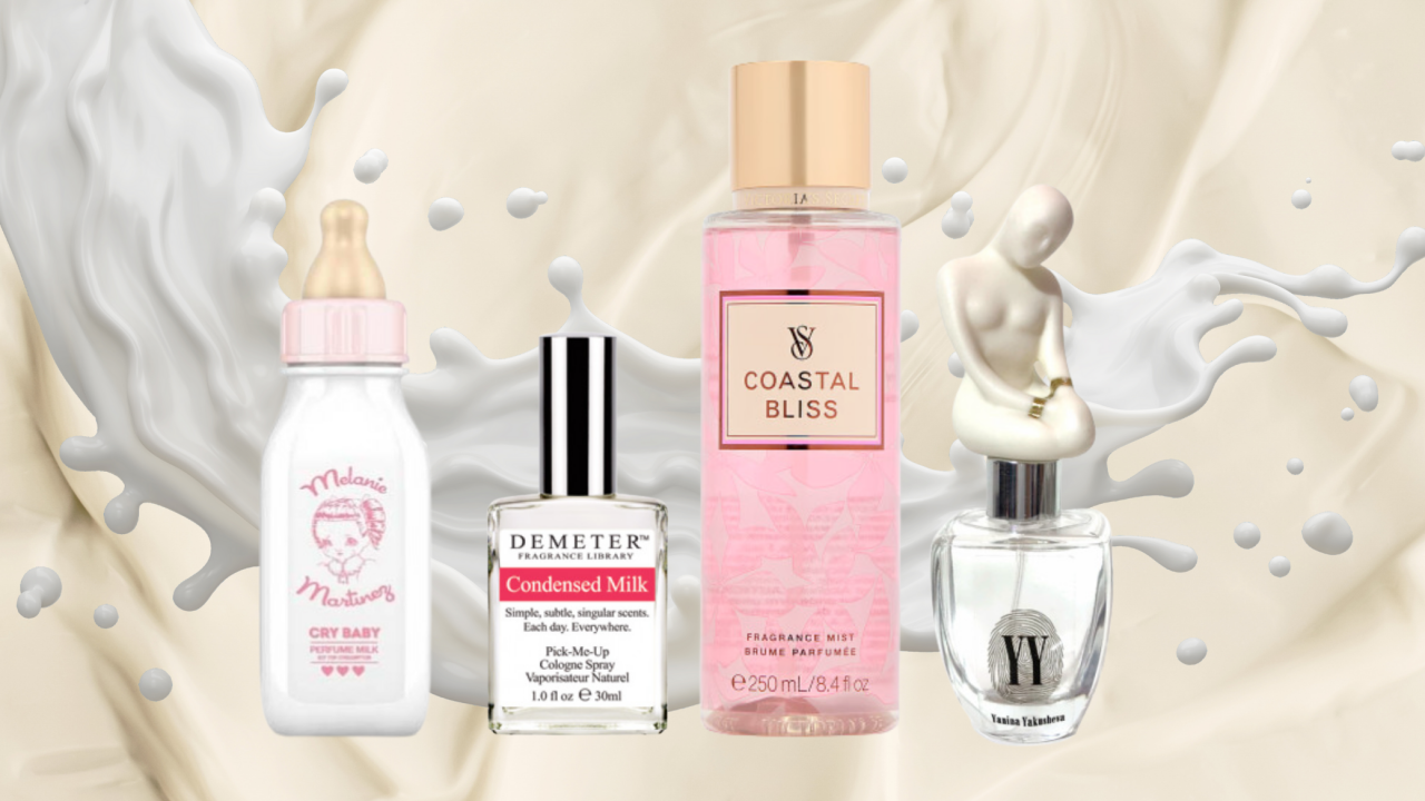 Od lewej: Cry Baby Perfume Milk Melanie Martinez, Condensed Milk Demeter Fragrance, Coastal Bliss Victoria‘s Secret, The First Yanina Yakusheva.