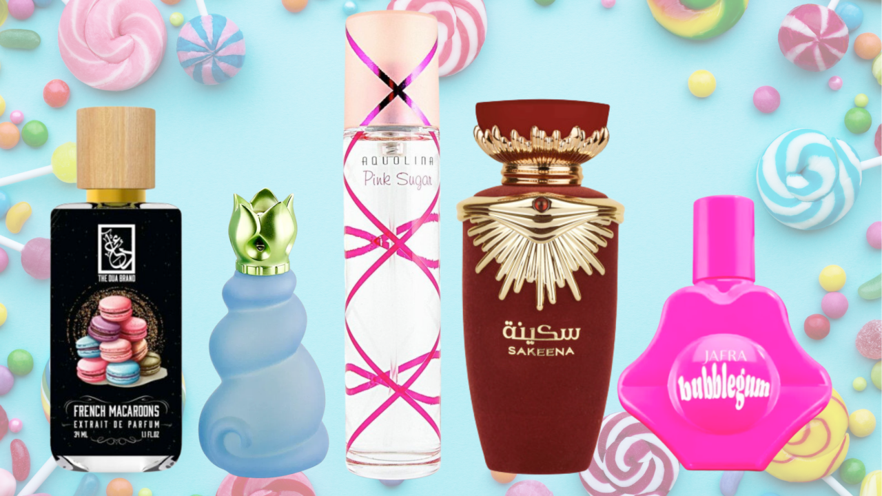 Od lewej do prawej: French Macaroons The Dua Brand, Les Belles de Ricci Amour d‘Amandier Nina Ricci, Pink Sugar Aquolina, Sakeena Lattafa Perfumes, Bubblegum JAFRA.