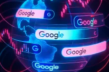 Cyberpunk photo of a globe wrapped in google logos and search bars, with financial graphs orbiting