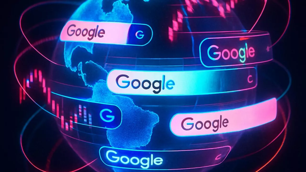 Cyberpunk photo of a globe wrapped in google logos and search bars, with financial graphs orbiting