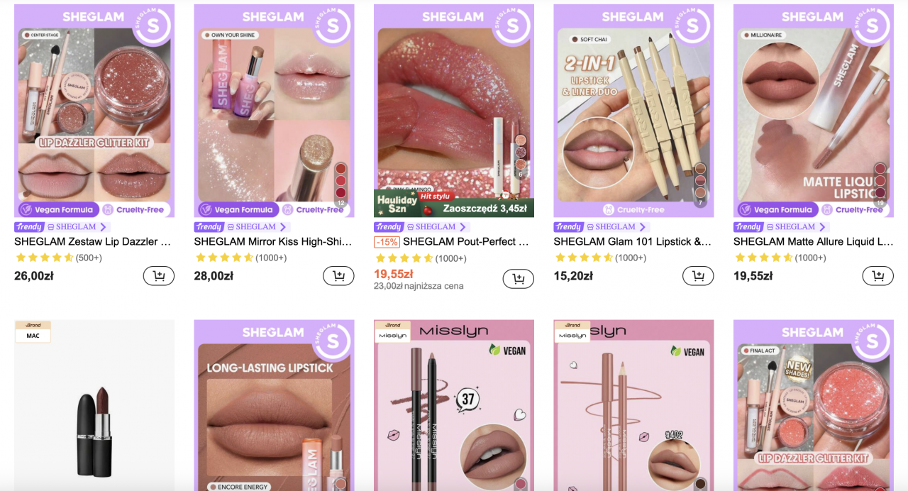 Shein oferuje znaczną liczbę produktów kosmetycznych.